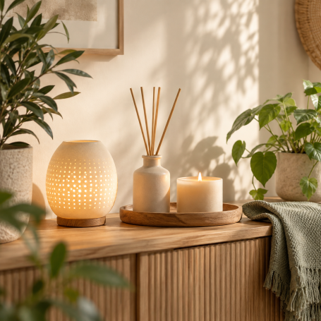 Décoration intérieure zen avec lampe, diffuseur, bougie et plaid vert sauge.