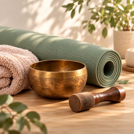 Tapis de yoga vert sauge, bol chantant tibétain et accessoires de relaxation sur une table en bois clair.