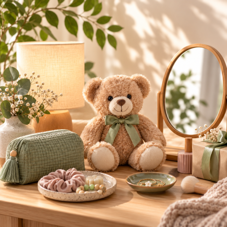 Ours en peluche, miroir, lampe et accessoires cadeaux dans une ambiance douce et naturelle.
