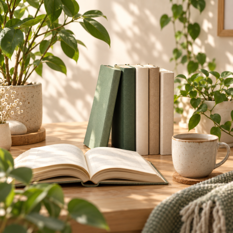 Livres aux tons naturels, ouvrage ouvert et tasse dans un coin lecture lumineux entouré de plantes.