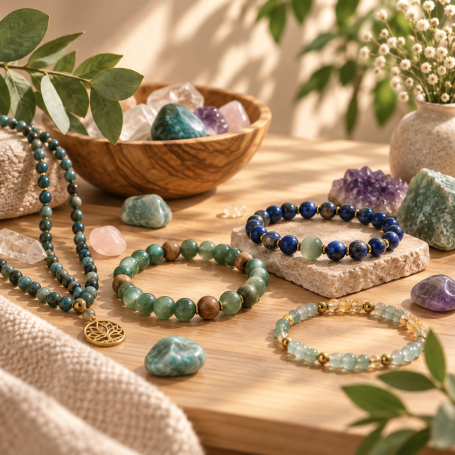 Bracelets, collier et minéraux en pierres naturelles disposés sur une table en bois clair.